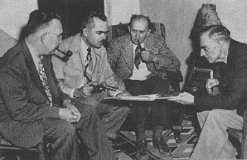 Professors at Texas Tech who saw Lubbock Lights (left to right), Dr. Oberg, Prof. Ducker, and Dr. Robinson, discuss them with Dr. E. L. George.