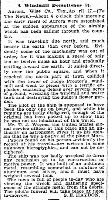 Haydon article Aurora Texas UFO incident - 1897